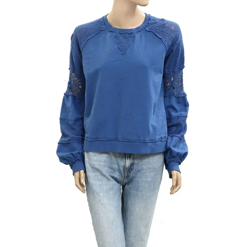 By Anthropologie Lace Balloon-Sleeve Blouse Top Pullover Cotton Blue XS 279962